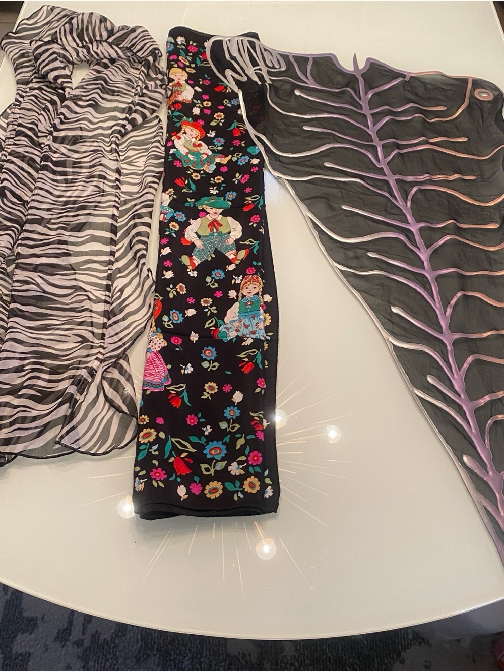 Bundle of 3 Unique Women's Scarves Zebra Print Folk Art & Abstract Rubber Keyhol